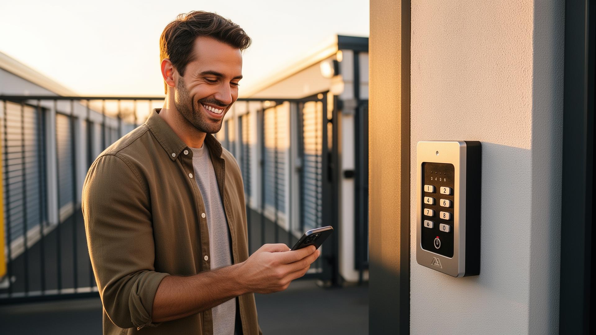 Customer using smartphone at modern self-storage gate keypad