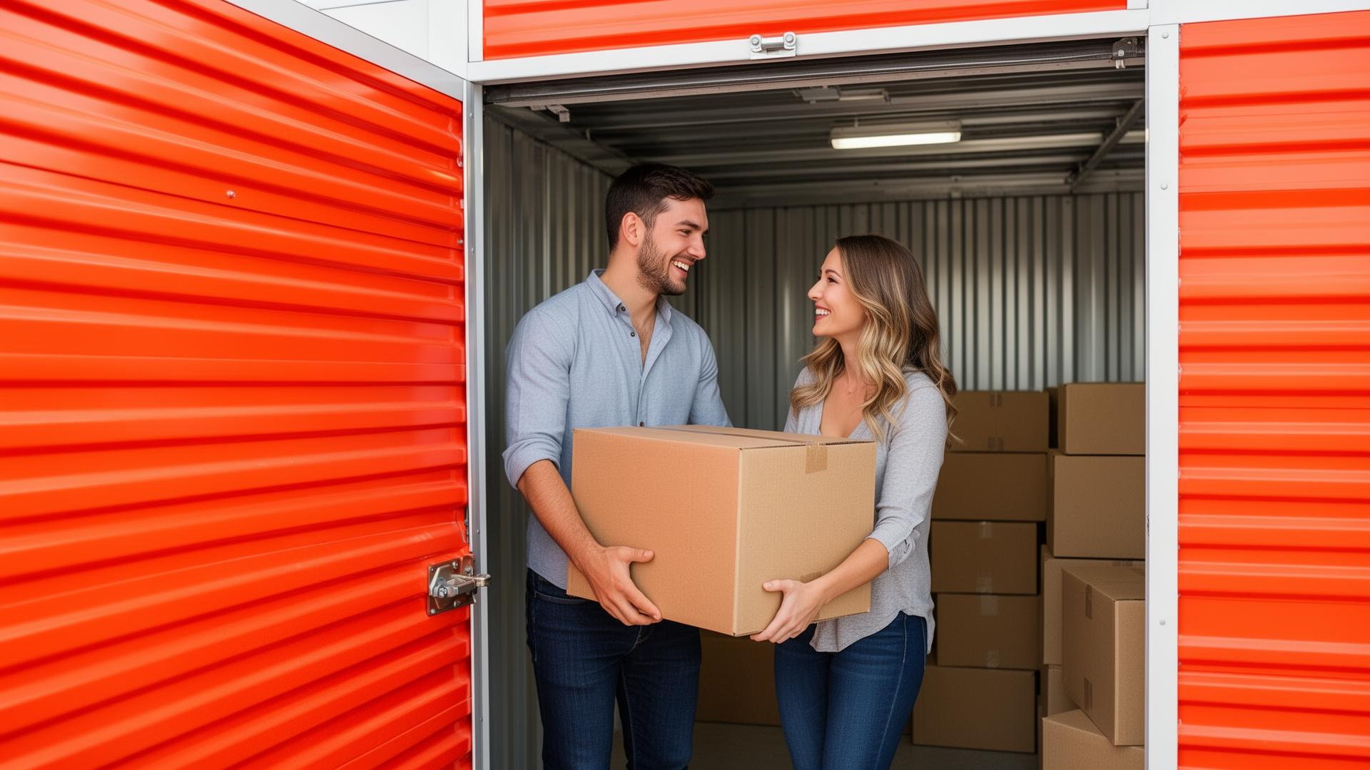 Happy couple loading boxes into a clean self-storage unit